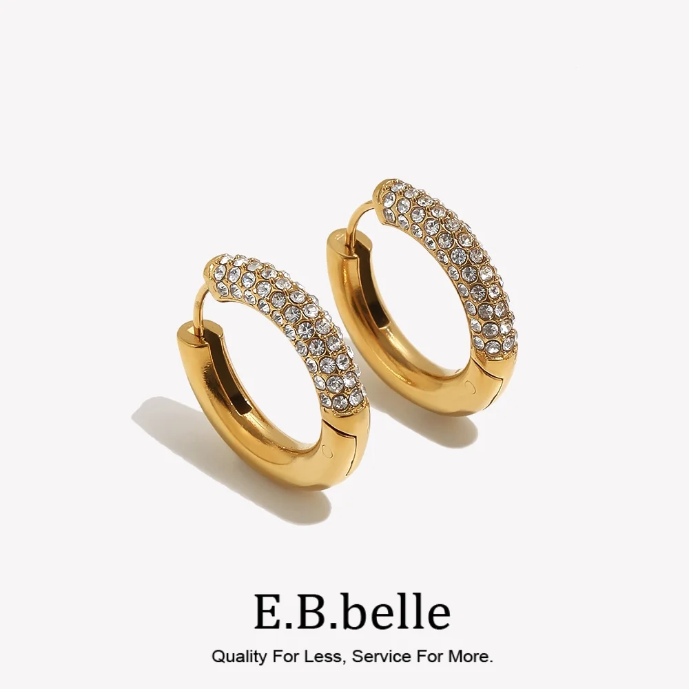 E.B.belle Kreisförmige, halb eingelegte Zirkon-Ohrringe, silberfarben, 316L-Edelstahl, Damen-Ohrringe, 18 Karat vergoldeter Schmuck