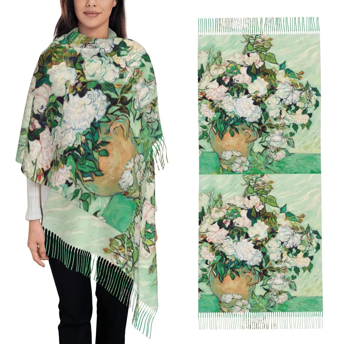 

Шарф Roses от Vincent Van Gogh, шарфы с кисточками, женские мягкие теплые шали и накидки, длинная осенне-зимняя шаль