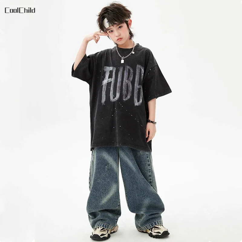 Boys Streetwear Street Dance Printed Loose T-shirt Jeans Girls Hip Hop Cool Clothes Sets Kids Jazz Denim Pants Outfits Costumes