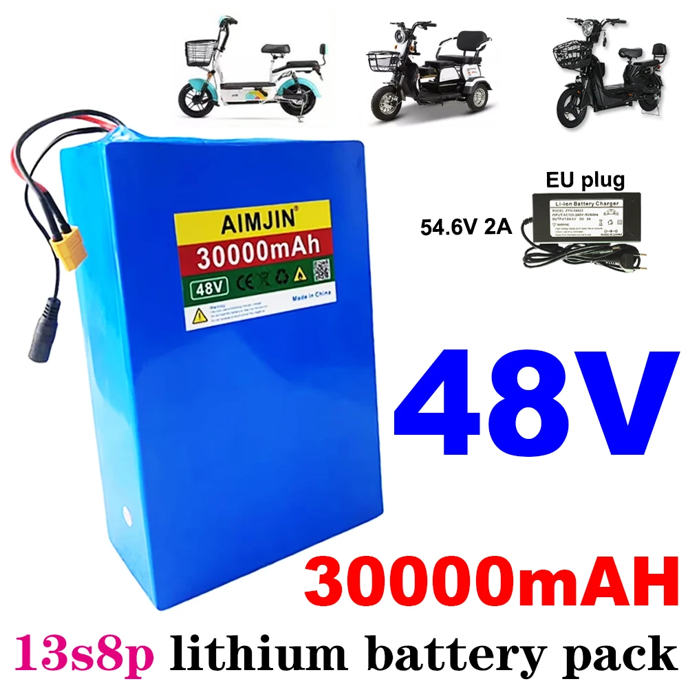 

13S8P 18650 battery 48V 30000mAh large capacity lithium battery for bicycle battery with BMS+Replaceable plug