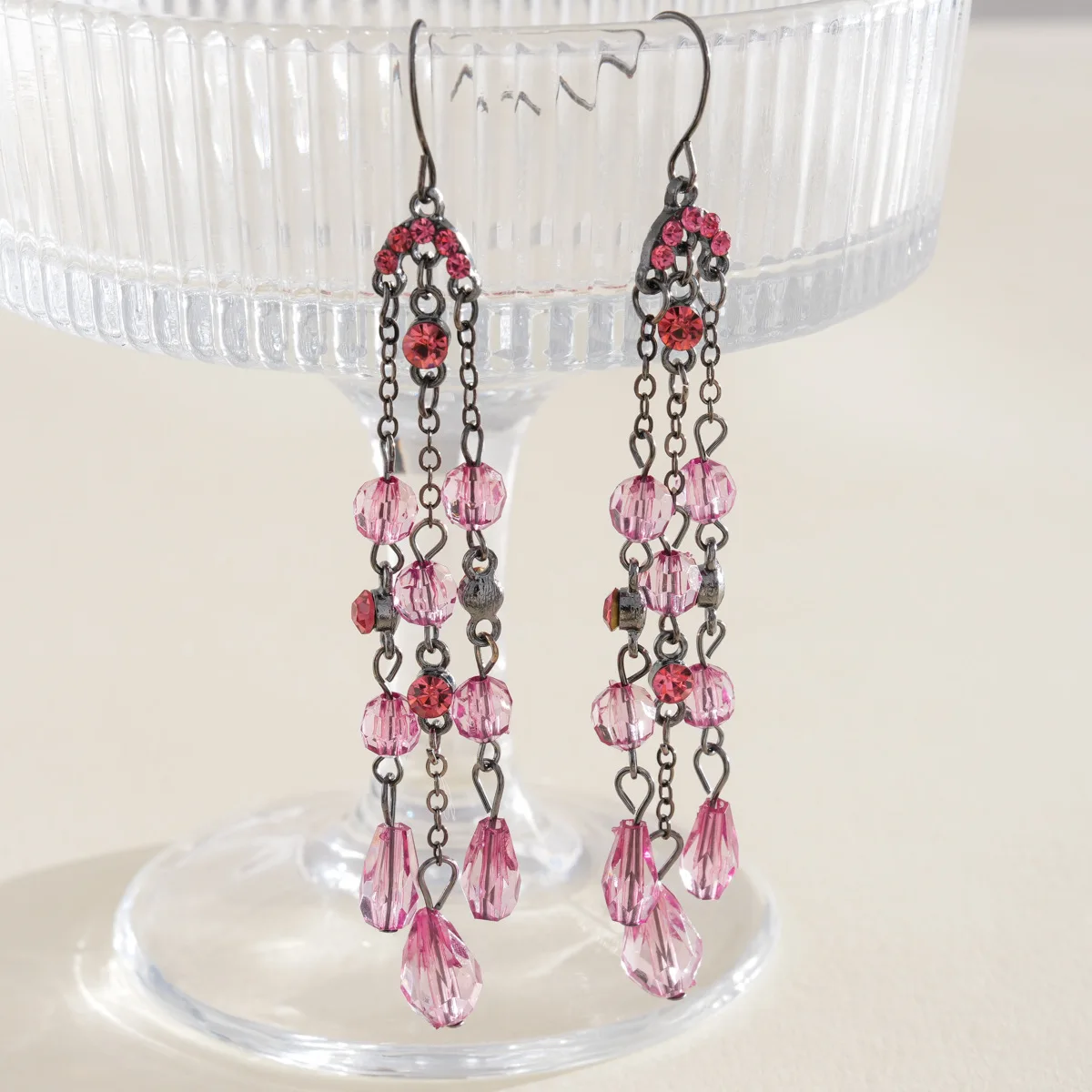 

Vintage Water Drop Glass Beads Tassel Dangle Earrings Women's Pink Rhinestones Ear Hooks Fashionable Holiday Party Jewelry Gifts