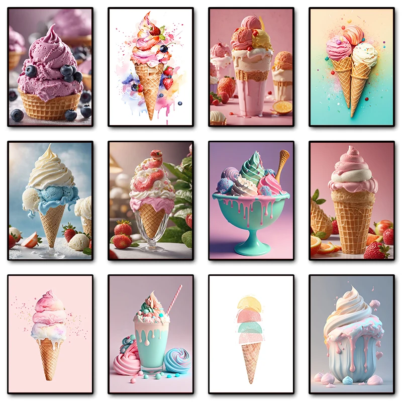 Delicious Dessert Pink Marshmello Ice Cream Candy Poster Canvas Painting Wall Art Pictures Kitchen Restaurant Home Decor