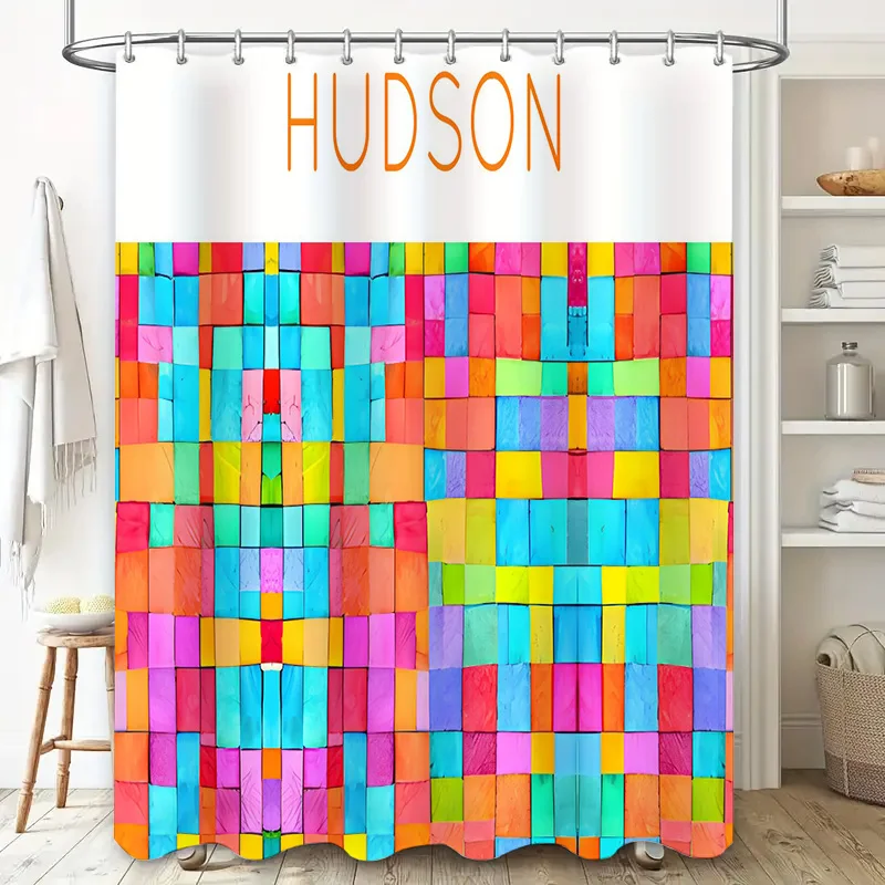 Brightly Colored Blocks Shower Curtain Customized for Kids Bathroom Decor 3D Printed Waterproof Bath Mat Set with Hooks, Persona