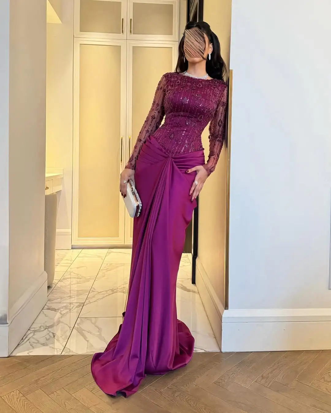 

Ofherown Luxury Purple Mermaid Evening Dress with Beaded Lace Long Sleeves Ruched Satin Prom Gown for Women Customized