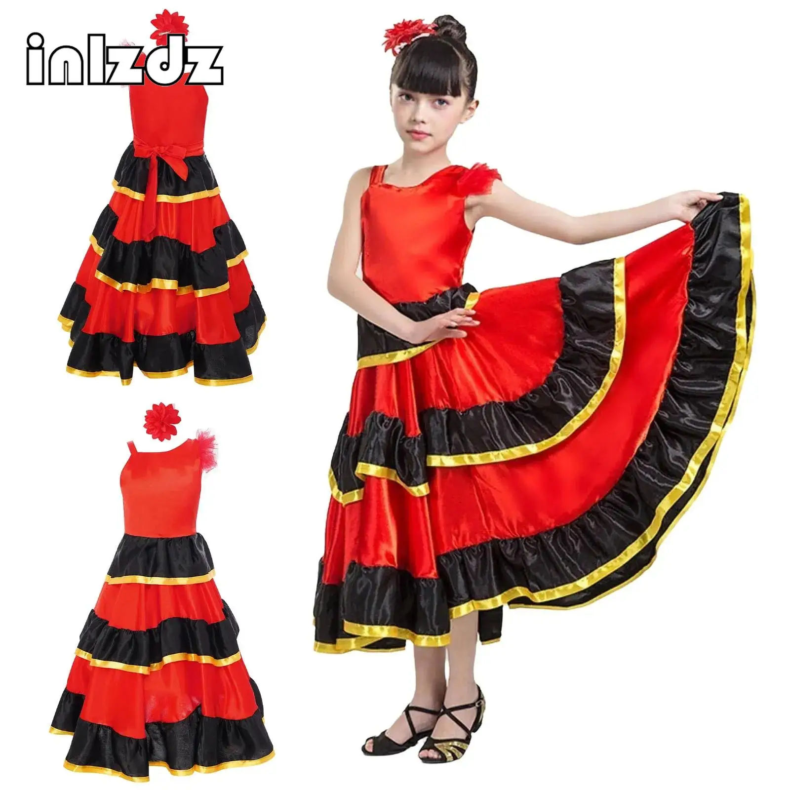 Spanisches Flamenco-Tanzkleid für Mädchen, gestuftes Rüschen-Satinkleid, asymmetrisches Flamengo-Zigeunerkleid, Tanzbekleidung, Performance-Kostüm