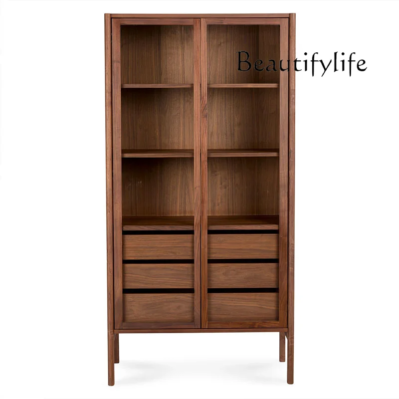 

Black Walnut Wooden Bookcase All Solid Wood Open Bookshelf White Oak Log Display Storage Cabinet Glass Door