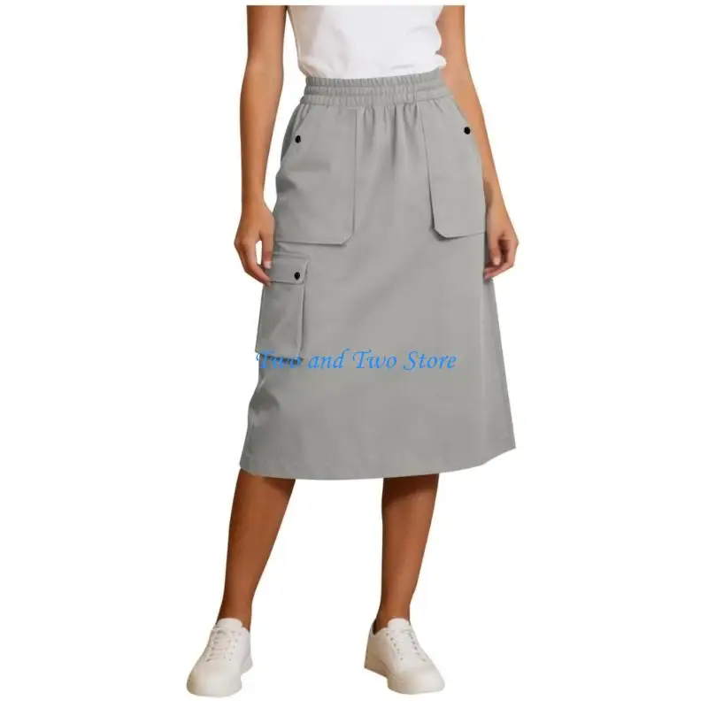 HX6F Women's Cargo Skirt Elastic High Waist Utility Workwear Skirts with Multi-Pockets Loose A-Line Casual Outdoor