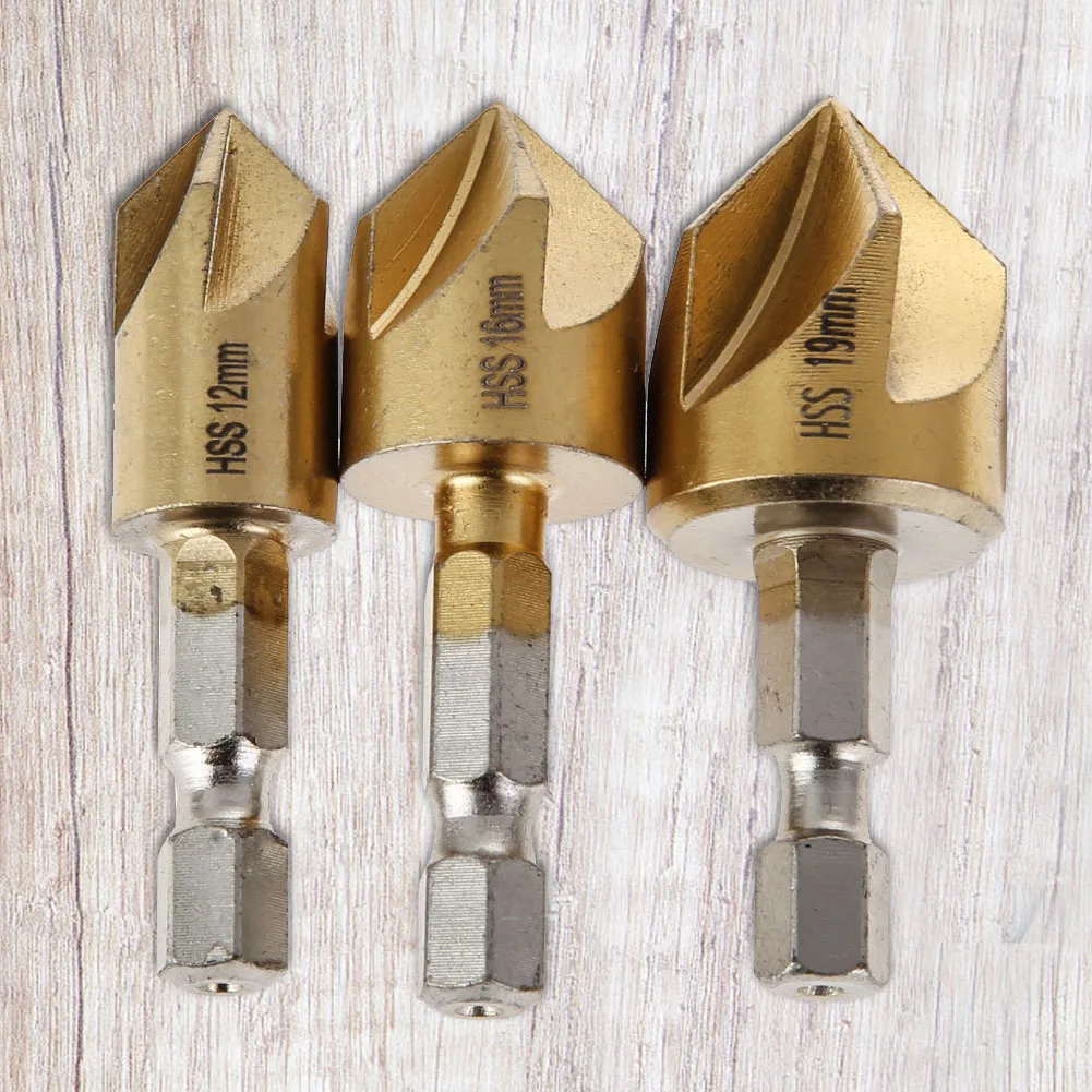 

3 PCS Countersink Drill Bit Set 90 Degree 5 Flute 1/4 Inch Hex Shank Boring Drill Deburring Bit for Wood Metal Plastic