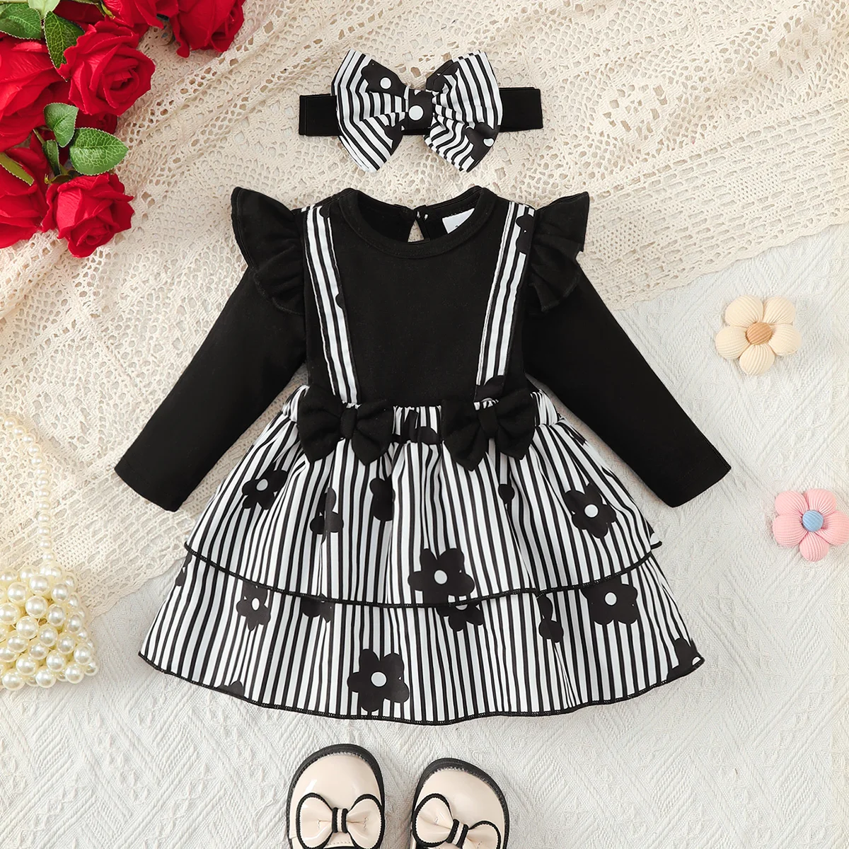 Baby Girl Dress Small Broken Flower Long Sleeved Dress+Bow Headband Suitable 0-24 Months Baby Girl Spring Autumn Fashion Dress