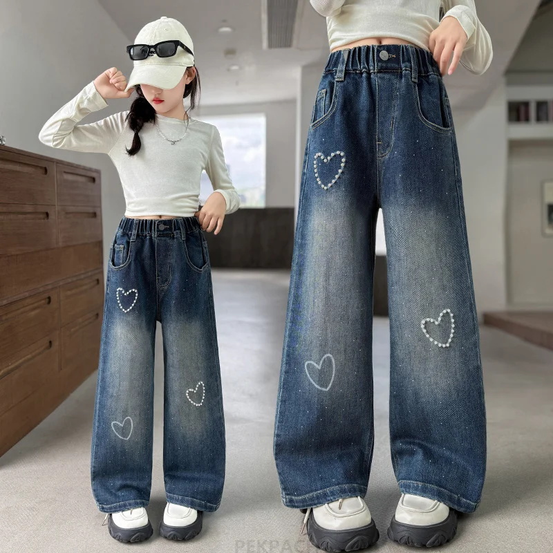

Kids Crystal Jeans with Heart for Teen Girls Street Style Loose Straight Pearl Rhinestone Denim Pants Child Casual Trousers