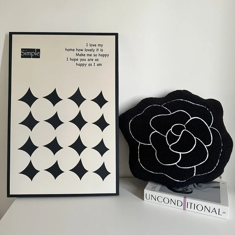 Oreiller en peluche fleur de camélia 45cm, coussin de siège plante blanche et noire, sol intérieur, canapé, chaise, Support arrière, cadeau en peluche