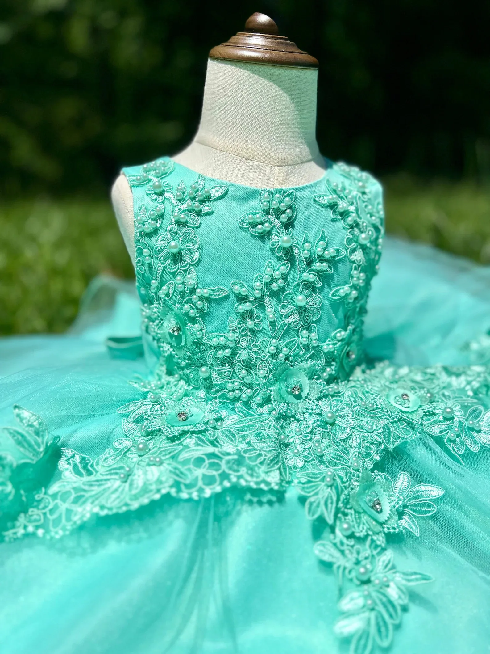 Custom Luxury Dress Wedding Guest Gown Flower Girl Gown Birthday Party Gown Pageant Show Mint Green Lace Beaded Tulle Gown