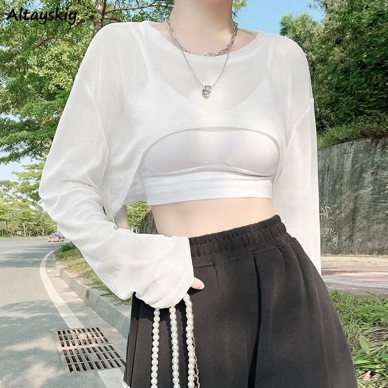 Sheer T-shirts for Women Crop Tops Casual Summer Thin Sun-proof O-neck Daily Long-sleeve Fashion Ins College Ulzzang Style Loose