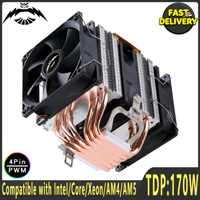 CPU Fan Compatible Sockets:LGA2011 2066 1200 1700 115X 1851 AM4 AM5 X99 Twin Towers Cooler 4/6 Heat Pipe Design Silent Efficient