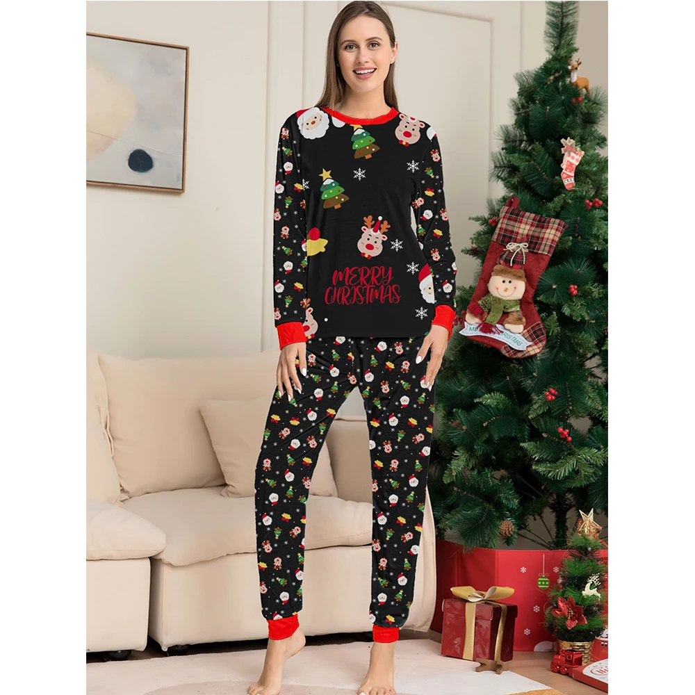 Autumn Winter Christmas Mom Daughter Dad Son Matching Pajamas Kids Women Men Black Print Sleepwear Set Family Look Baby Romper