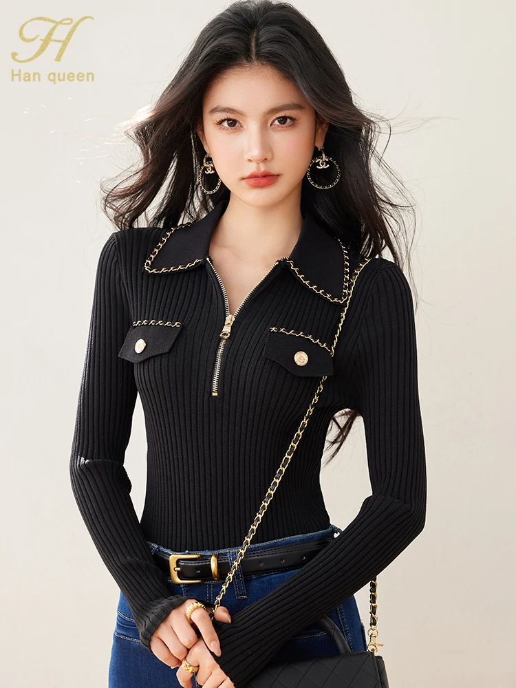 H Han Queen Spring Zipper Tops Sweater Long Sleeve Black Vintage Casual knitted Pullover Sweaters Korean Style Women\'s Clothing