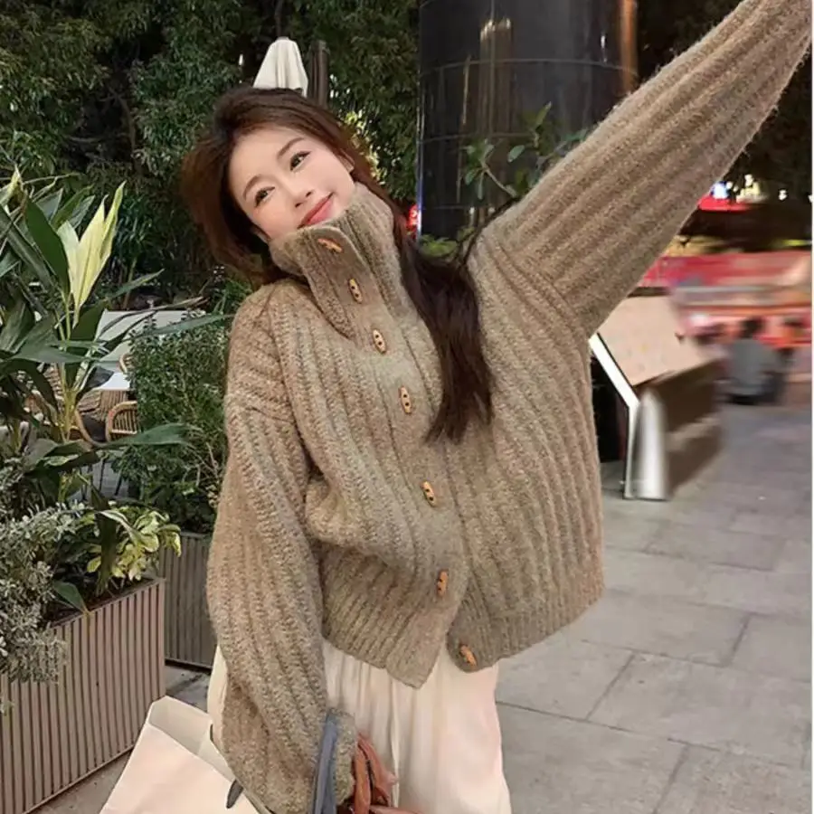 

Horn Button Sweater Jacket for Women for Autumn Korean New Soft Glutinous Thick Stand Collar Loose Long Sleeve Knitted Top