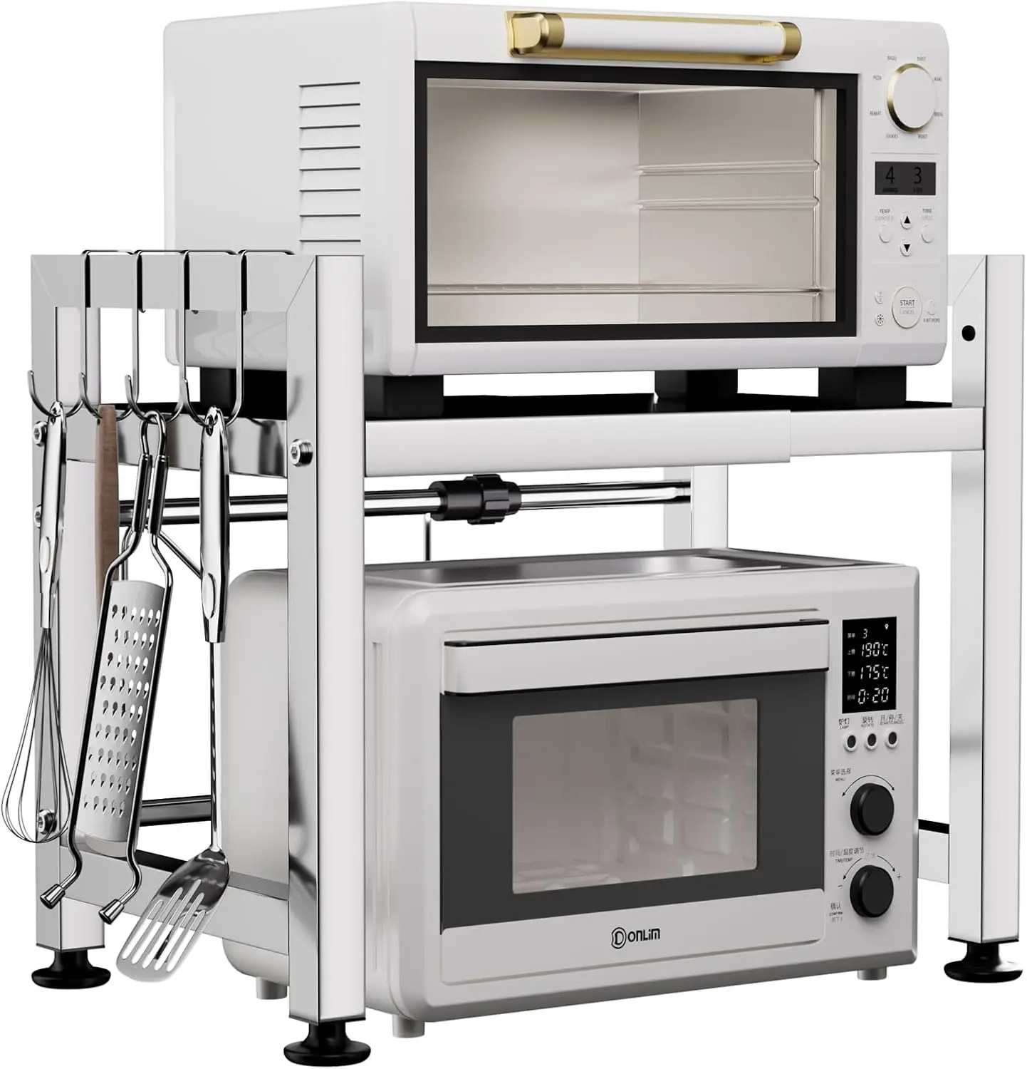 

Adjustable Microwave Oven Rack, 2-Tier Stainless Steel Shelf with 4 Hooks for Kitchen Storage