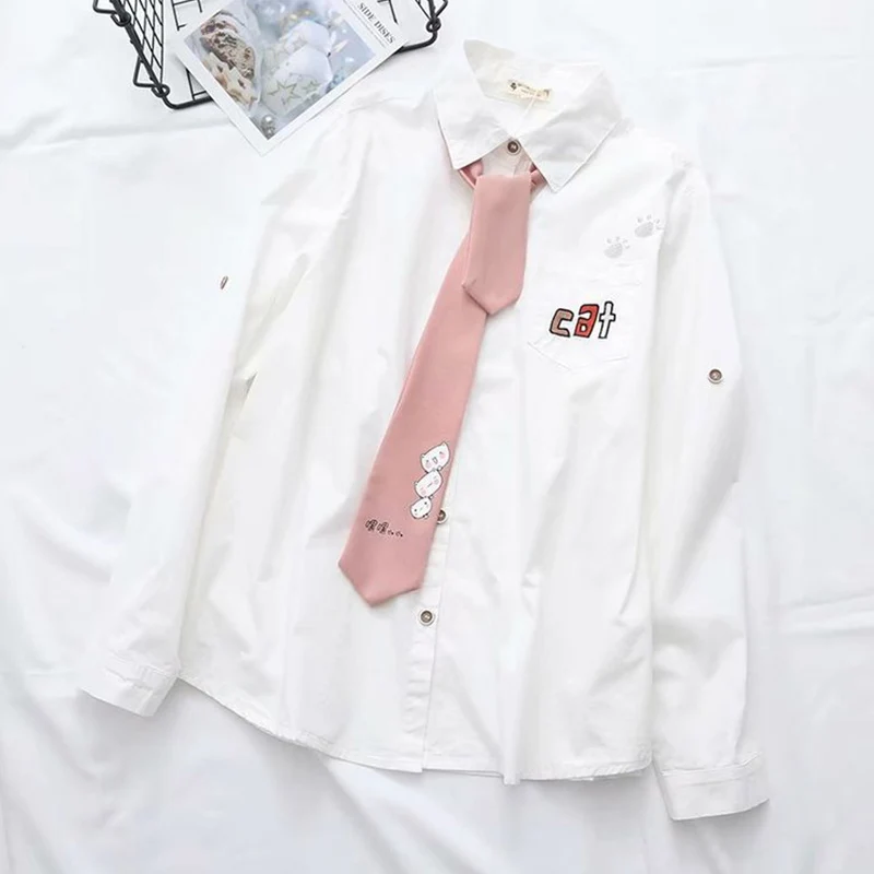 Spring Women Preppy Style Sweet Cartoon Embroidery Shirt White Color Mori Girl Letters Pocket Long Sleeved Female Blusa Top U187