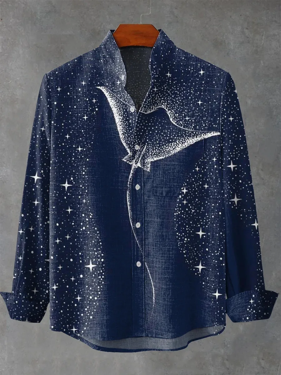 

Модный мужской свободный воротник-стойка с 3D принтом морских животных и длинными рукавами, большие размеры