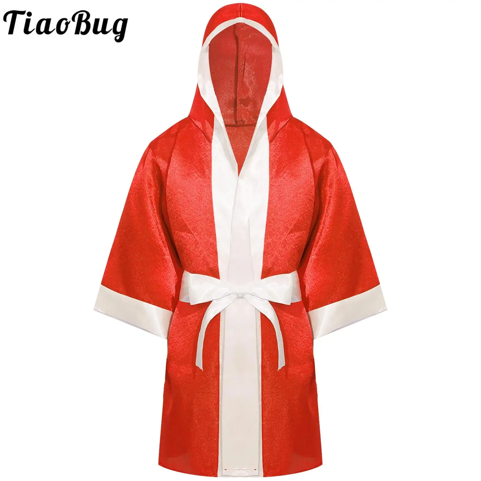 Kids Boys Boxing Robe Boxer Costume Long Sleeve Satin Hooded Cloak with Belt for Martial Arts Thai Kickboxing Workout Sport