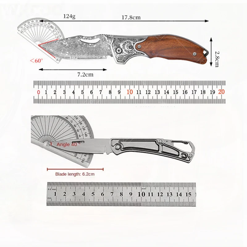 WXCOO Folding Knife Damascus Pattern VG10 Steel Wooden Handle Utility Knife for Kitchen Cooking Fruit Knife Kitchen Supplies