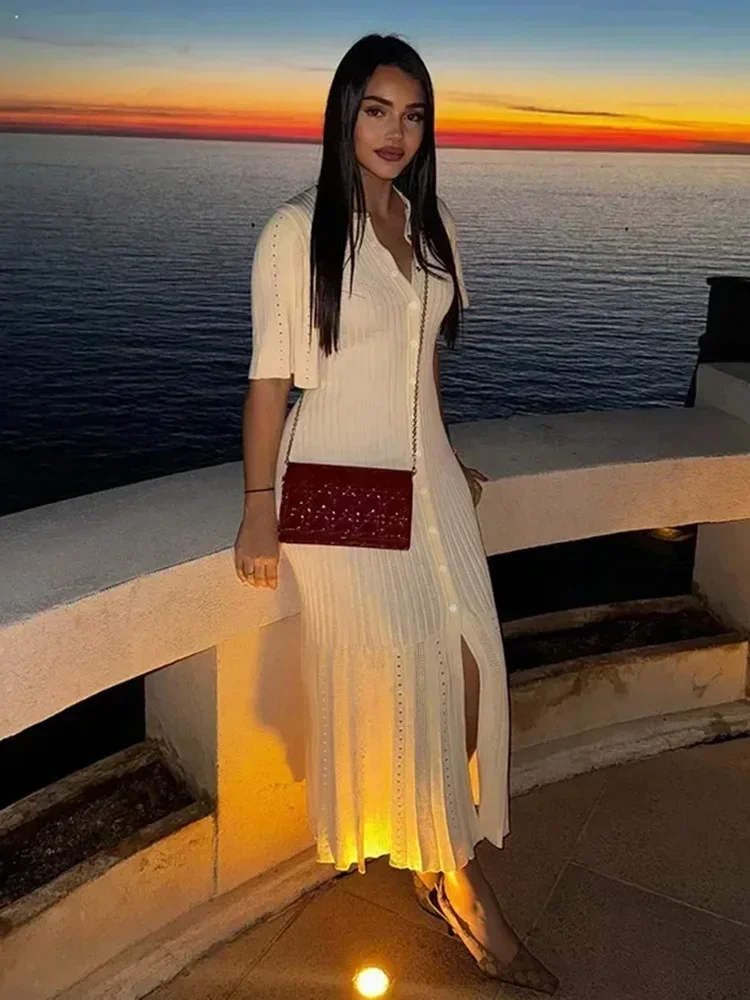 Cárdigan de cuello redondo de una sola botonadura para mujer, vestido Delgado sexy, Vestido largo de cola de pez de punto, ropa elegante para mujer, nuevo