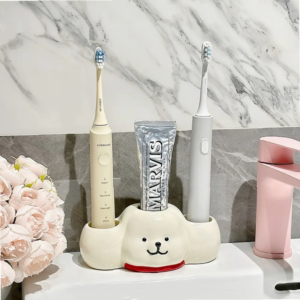 Cute Smiley Dog Ceramic Toothbrush Holder No-Drill Kids Cartoon Toothbrush Organizer Couple Toothbrush Base