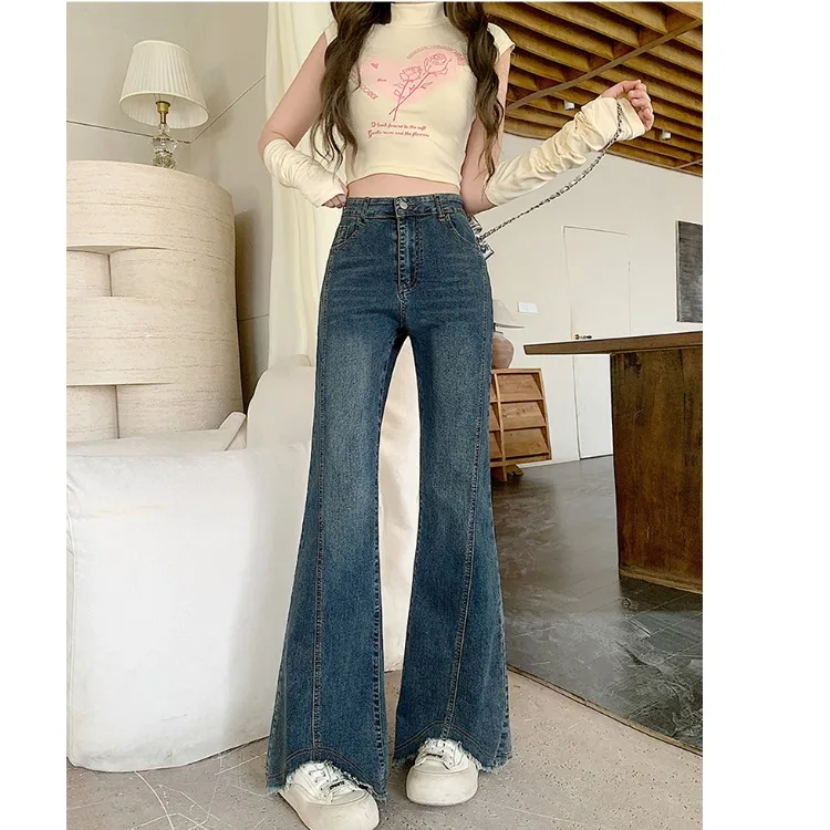 

Женские джинсы-клеш больших размеров в американском ретро-стиле, эластичные, с высокой талией, универсальные, с рваным дизайном, длинные брюки, осенняя новинка