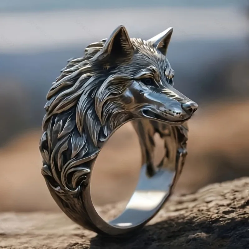 

European and American retro wolf head ring trendy, animal exaggerated domineering hip-hop personality open ring