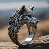 European and American retro wolf head ring trendy, animal exaggerated domineering hip-hop personality open ring