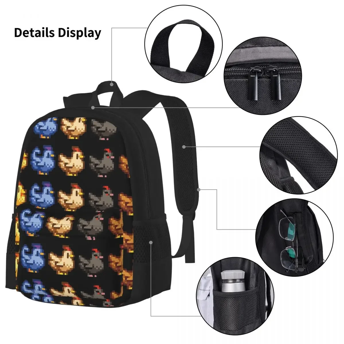 Stardew Valley mochilas de pollos para niños y niñas, mochilas escolares de dibujos animados, bolsa de almuerzo, bolsa para bolígrafos, juego de tres piezas