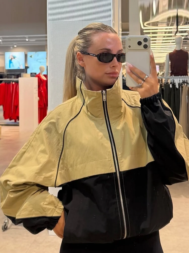 Trendy Color Block Stand Collar Full Zip Coat Long Sleeve Elastic Cuff Loose Sports Jacket Women Casual Daily Holiday Outfit New