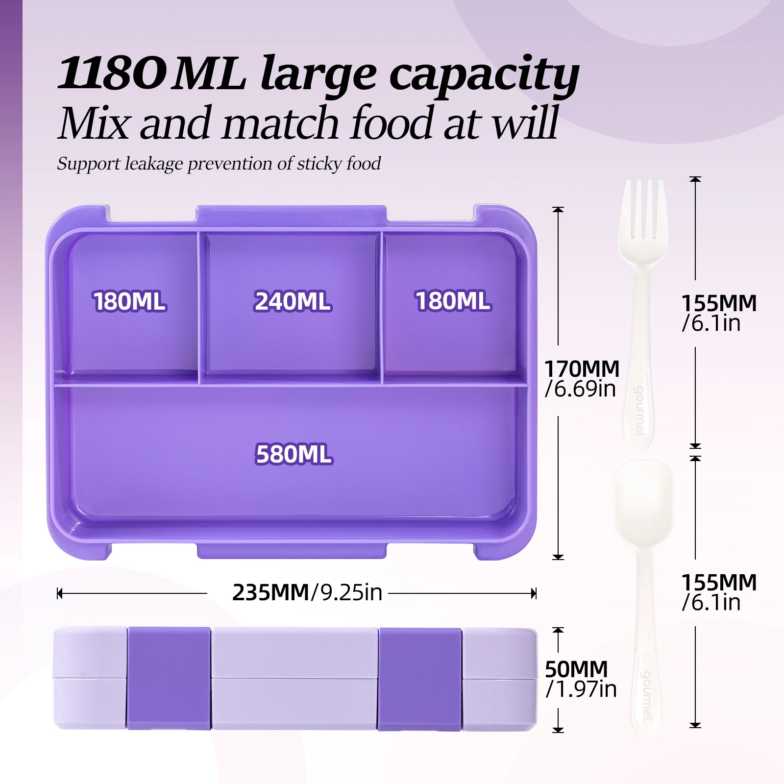 40oz Cartoon Pattern Bento Lunch Box Set Leak Proof Removable Dividers Meal Container for School Office Picnic Food Snack Prep - view 6