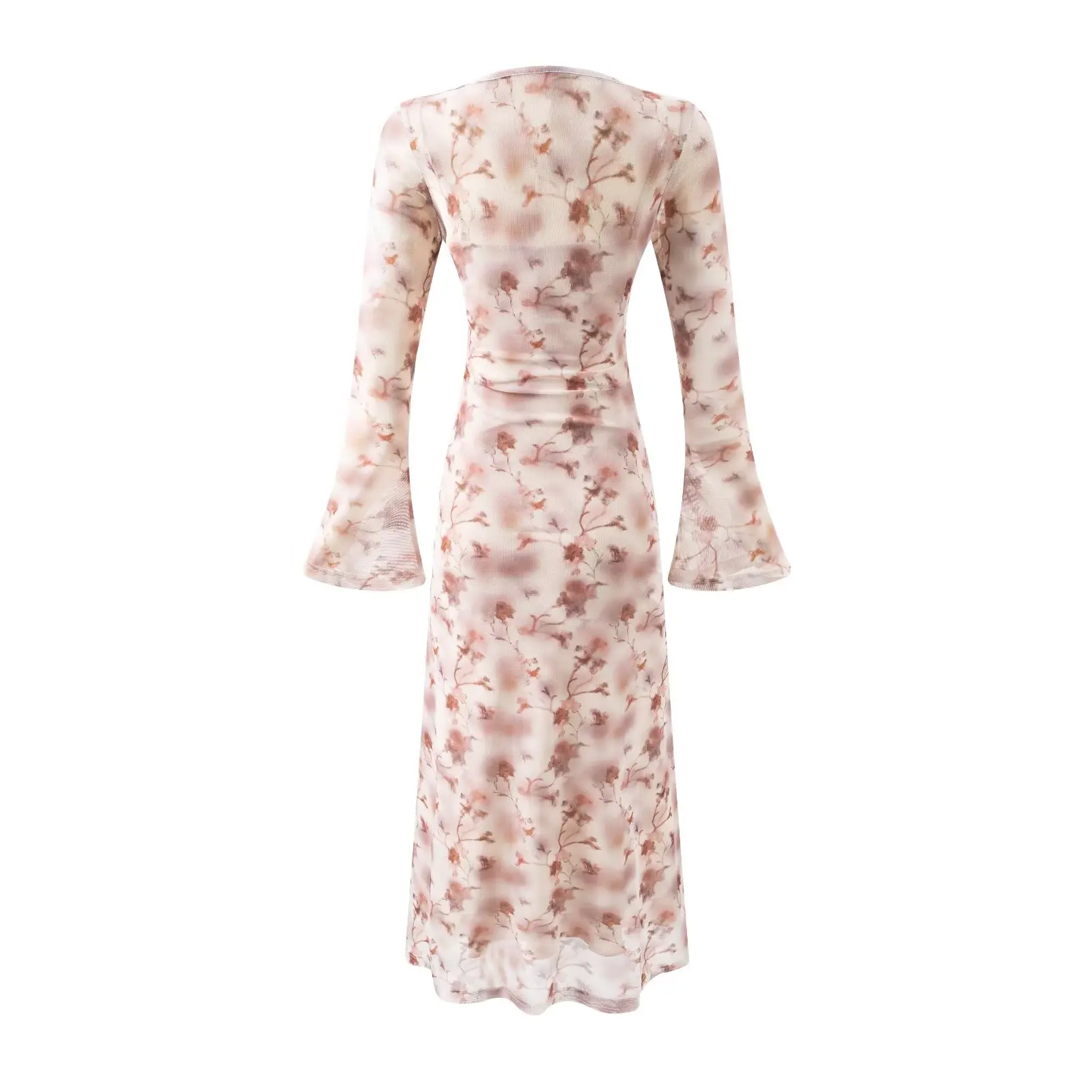 Damen-Mesh-Kleid mit Blumendruck, ausgestellten Ärmeln und Cami-Innenseite, gerüschte, schmale Midi-Kleider