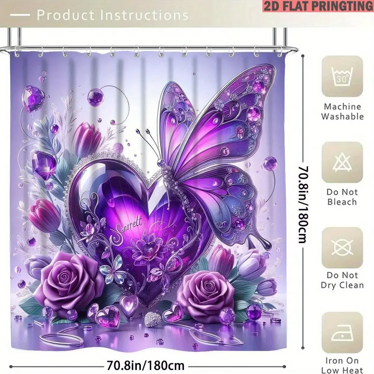 1pc/4pcs Shower Curtain and Bath Mat Set with print pattern Purple Butterfly Heart Roses Flowers Gems Non-Slip Bathroom Decor