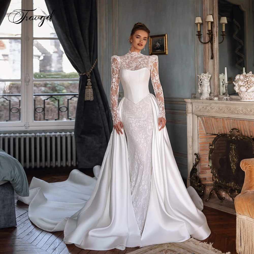 

Customized Mermaid Sexy Wedding Dresses High Neck Long Sleeve Vestido De Novia Lace Embroidery 2 In 1 Chic Robe De Mariee