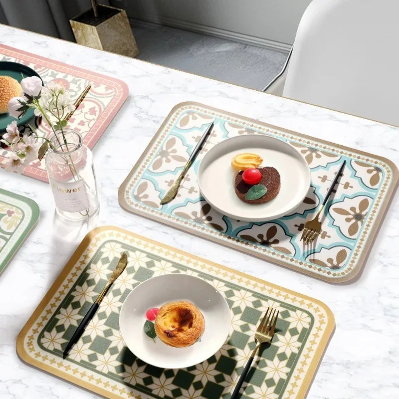 2PCS Romantic Retro Floral Four Leaf Clover Mat PVC Leather Insulation Western Style Household Table Bowl Placemat Table Mat