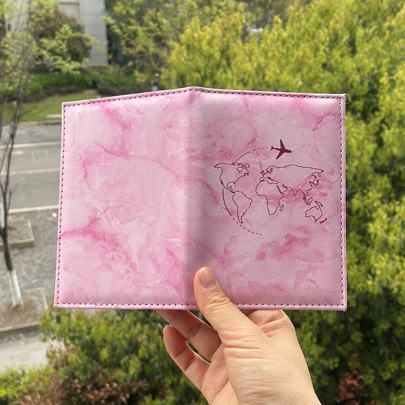 Marble Pattern Passport Cover World Map Airplane Print PU Leather Passport Holder Travel Wallet Case