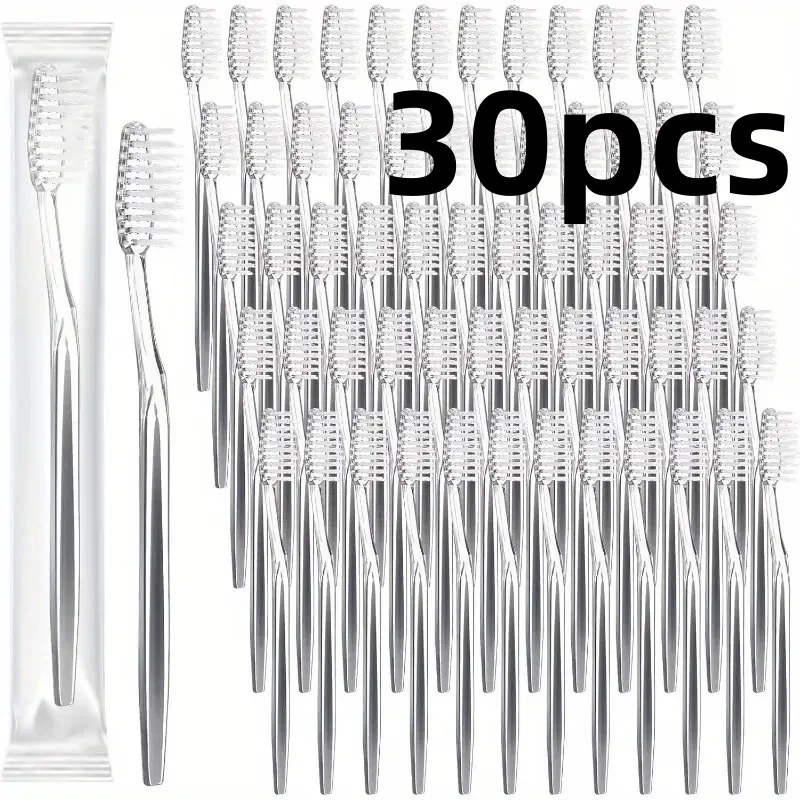 30 Individually Packaged Disposable Travel Toothbrushes, Soft Bristles, Toiletries for Adults and Teenagers for Camping and Hotel Guests (Silver)