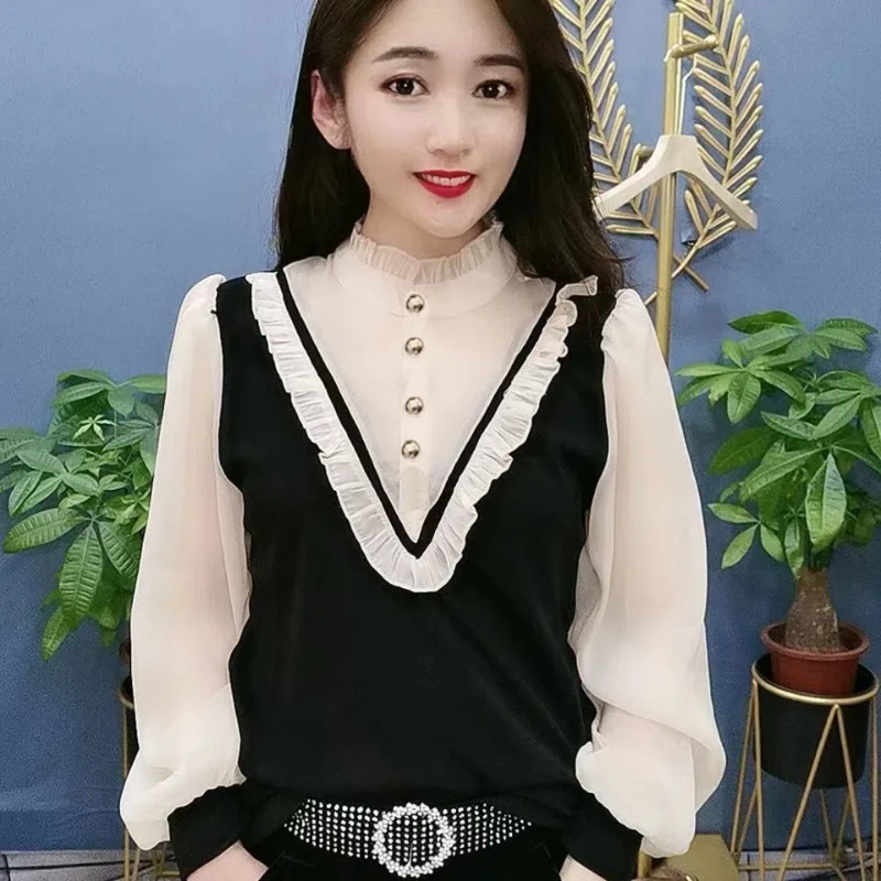 New Fashion Korean Edition Women\'s Autumn Shirt with Black Fungus Edge Splicing to Show Thin and Western Style Small Shirt