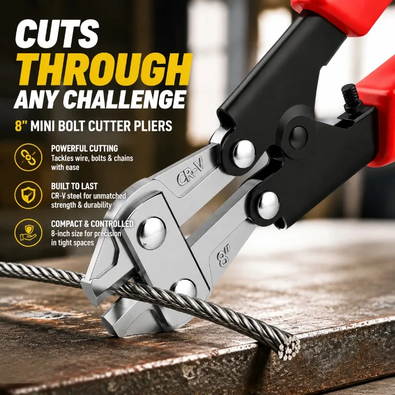 8 Inch Mini Bolt Cutter, High Hardness CRV Metal Cutting Tool, Heavy-duty Wire Mesh and Chain Clipper, Industrial Grade