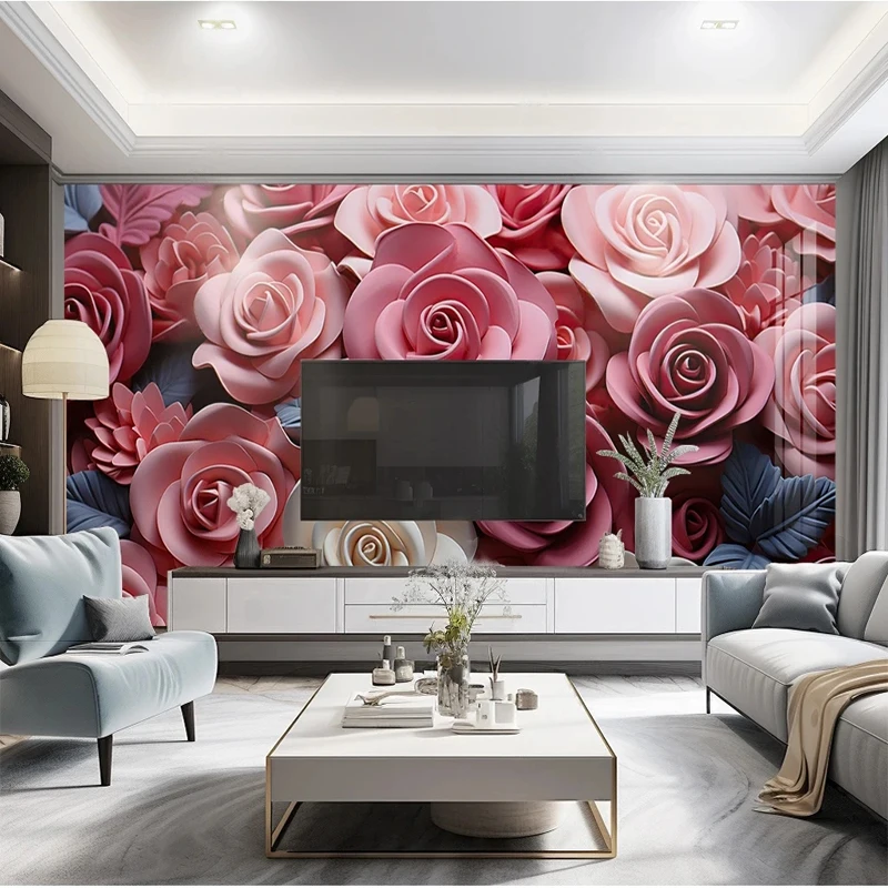 

Custom Modern Creative Light Luxury Rose 3D Modern Minimalist Art Living Room TV Background Wall Papel De Parede Home Décor Art