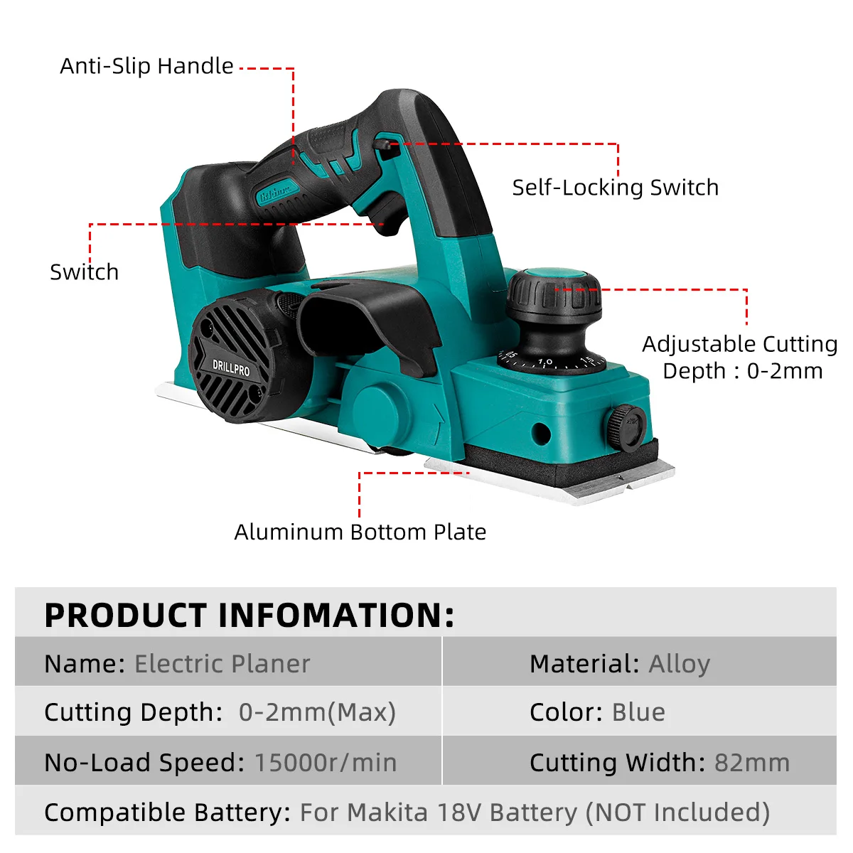 Imagem -02 - Drillpro 18v 15000rpm Elétrica Recarregável Plaina sem Fio Handheld Ferramenta de Corte Madeira com Chave para Makita 18v Bateria