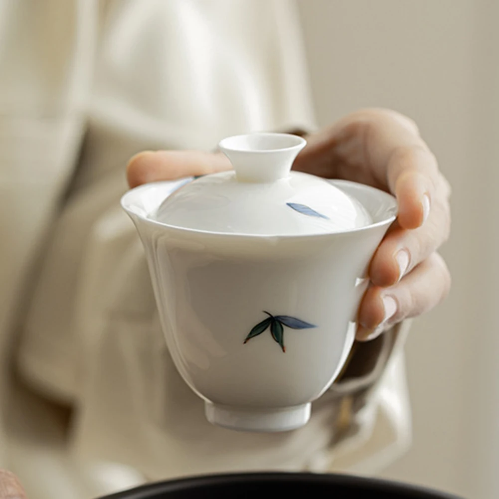Taza pintada a mano de bambú verde, tazón de té estilo bambú de China con platillo para fiesta de té en casa