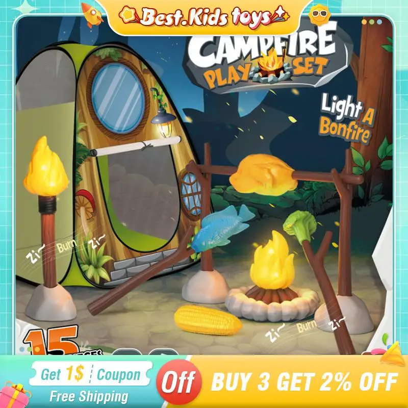 Simulação tenda de acampamento churrasco conjunto interior ao ar livre rpg som e luz brinquedos das crianças fogo pilhastorches modelos de alimentos
