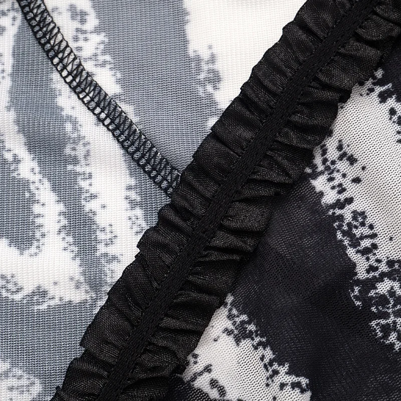 Sehen Durch Mesh Zebra Streifen Rüschen Split Bodycon Maxi Kleid Frauen Sexy Aushöhlen V-ausschnitt Volle Hülse Party Lange Robe Vestido