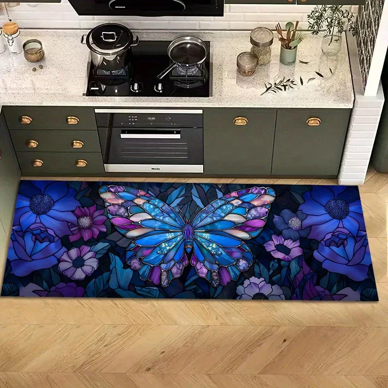 Blue Purple Crystal Butterfly Bathroom Anti-silp Doormat for Living Room Entrance Decorative Accessories Pad Kitchen Bedroom Rug