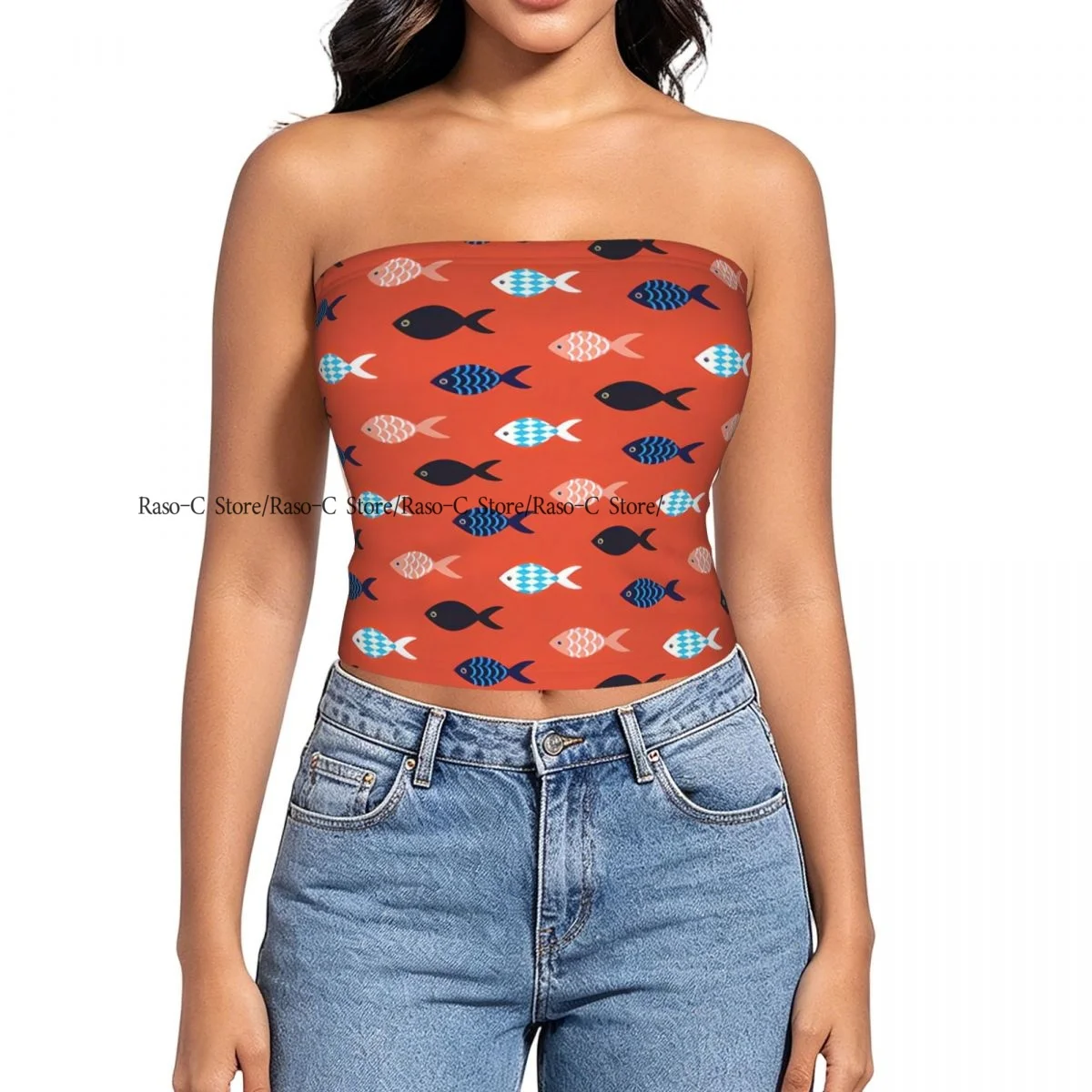 Women Block Crop Slim Tube Top Fish On Coral Red Sea Marine Theme Strapless Top For Summer Female Clothing