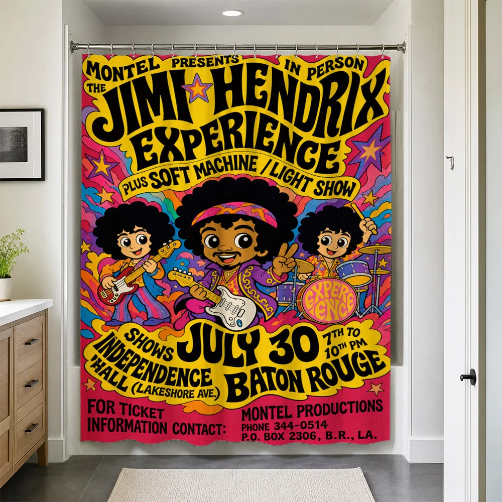Vibrant Jimi Hendrix Concert Poster Shower Curtain Waterproof Retro Psychedelic Rock Music Bohemian Bathroom Decor Tapestry
